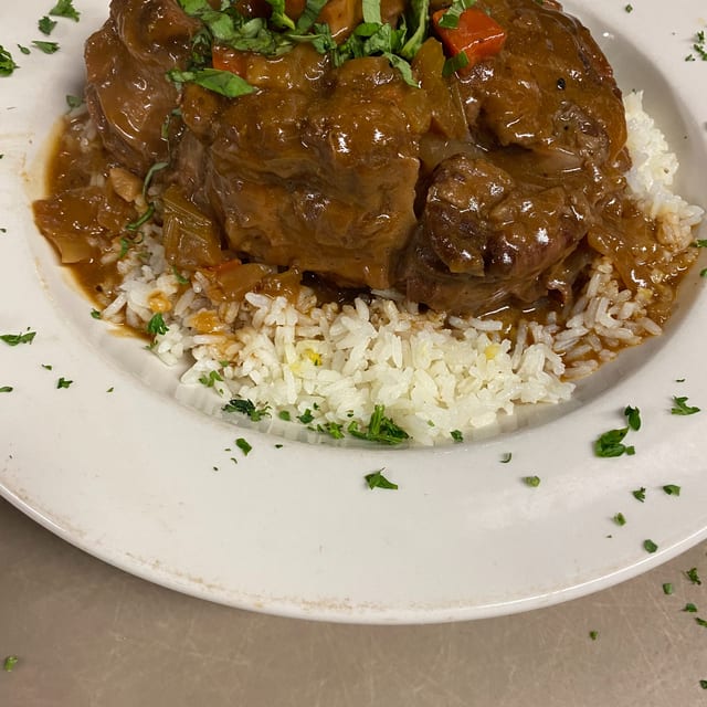 Veal Osso Buco Over Rice.