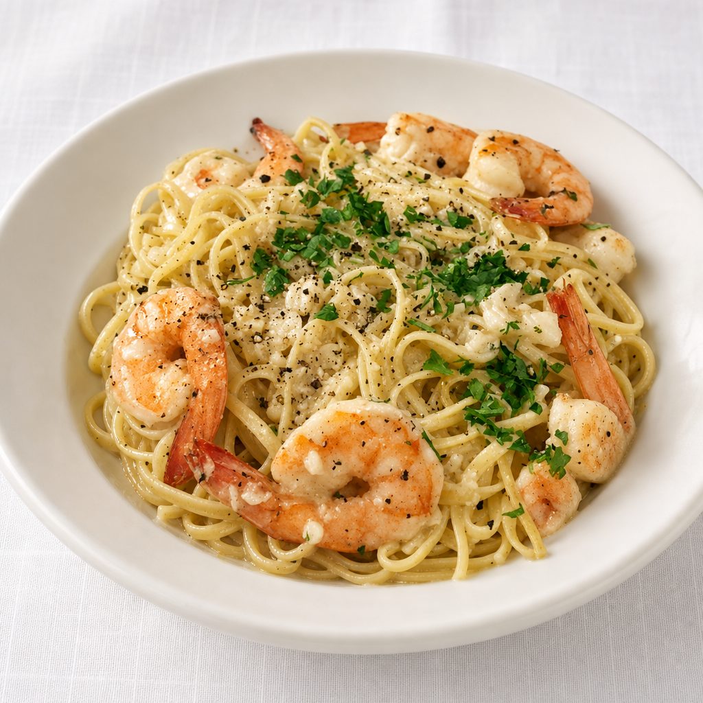 Shrimps & Scallops Scampi Over Linguine (Pasta).