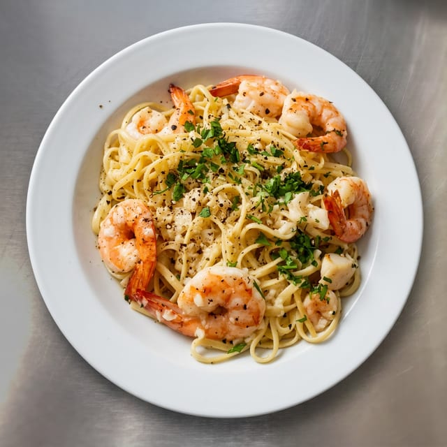Shrimps & Scallops Scampi Over Linguine (Pasta).
